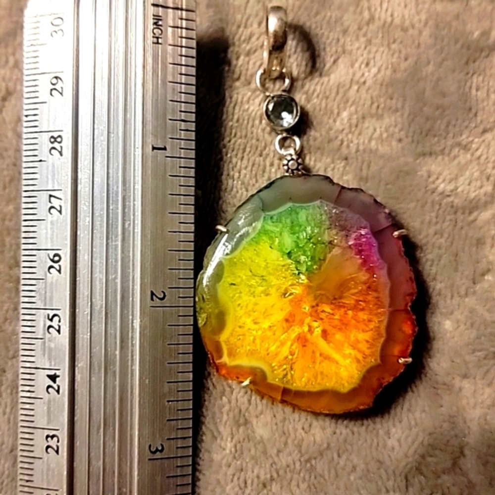 925 Silver Plated Rainbow Solar Quartz Blue Topaz 2.75" Pendant Natural Gemstone